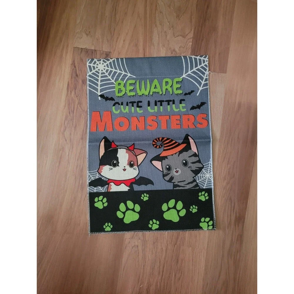 Beware Cute Little Monsters Halloween Cat Double Sided Burlap Garden Flag NEW